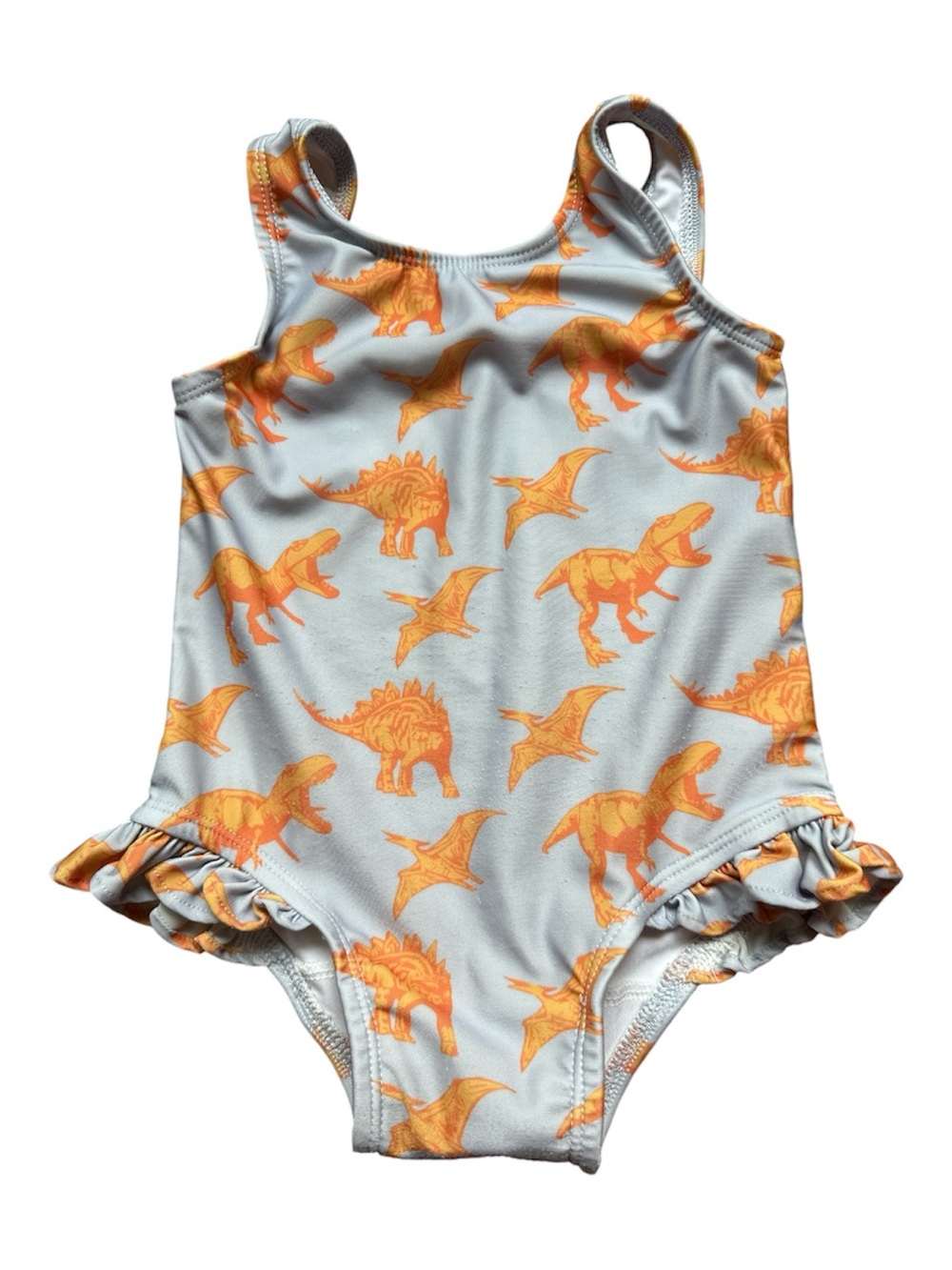 kate quinn Girls One-Piece Swimsuit in Light Blue with Orange Dino Print